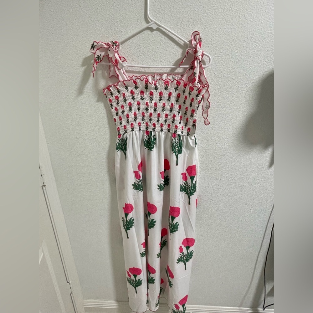 Amazon floral dress with scalloped shoulder ties